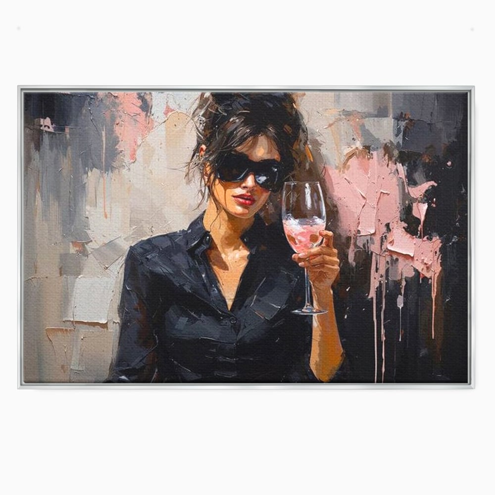 Tablou canvas cu tablou canvas cu femeie si pahar de vin, in rama de aluminiu argintiu